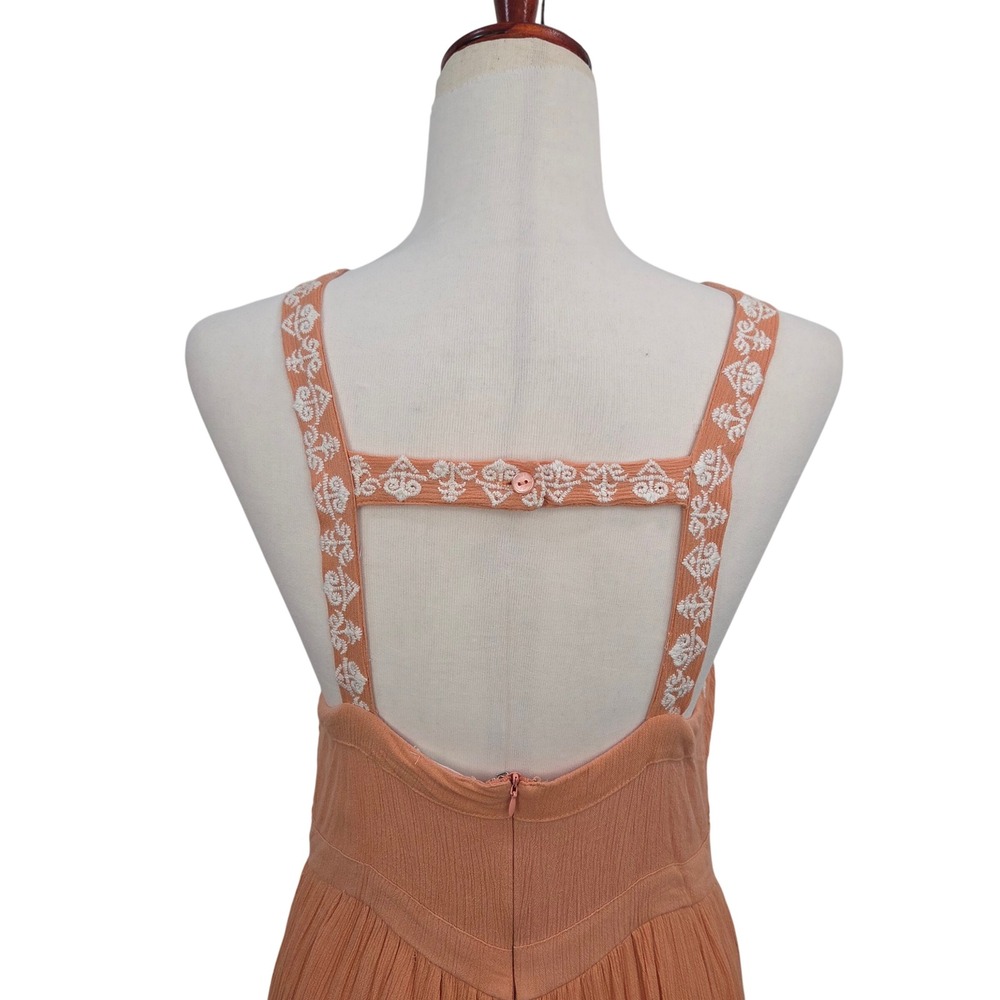 En Creme Orange Rayon Maxi Dress Large Embroidered Floral Halter Boho Summer - Picture 7 of 16